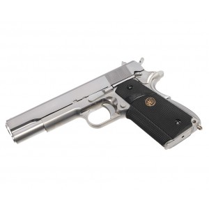 Страйкбольный пистолет WE COLT M1911А1, металл, хромированный, черные накладки резина, WE-E006B - MEU